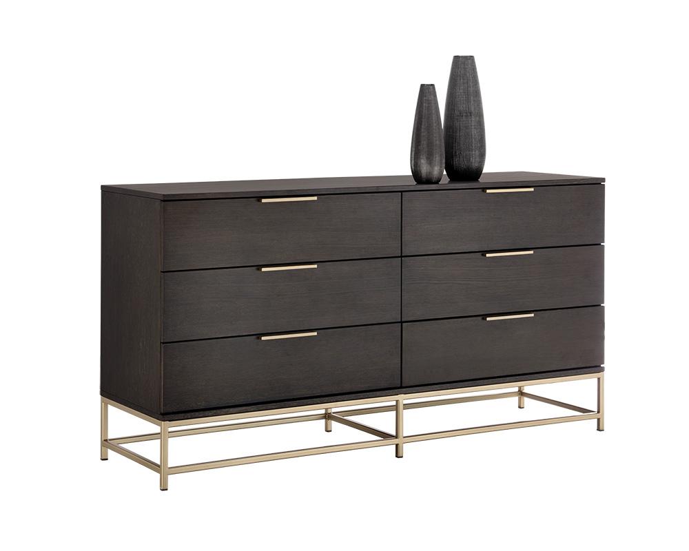 Charcoal Grey & Gold Base 6 Drawer Double Dresser 66 inch