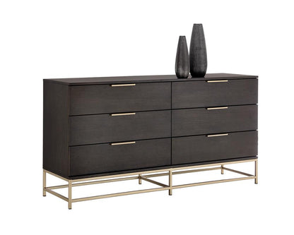 Charcoal Grey & Gold Base 6 Drawer Double Dresser 66 inch
