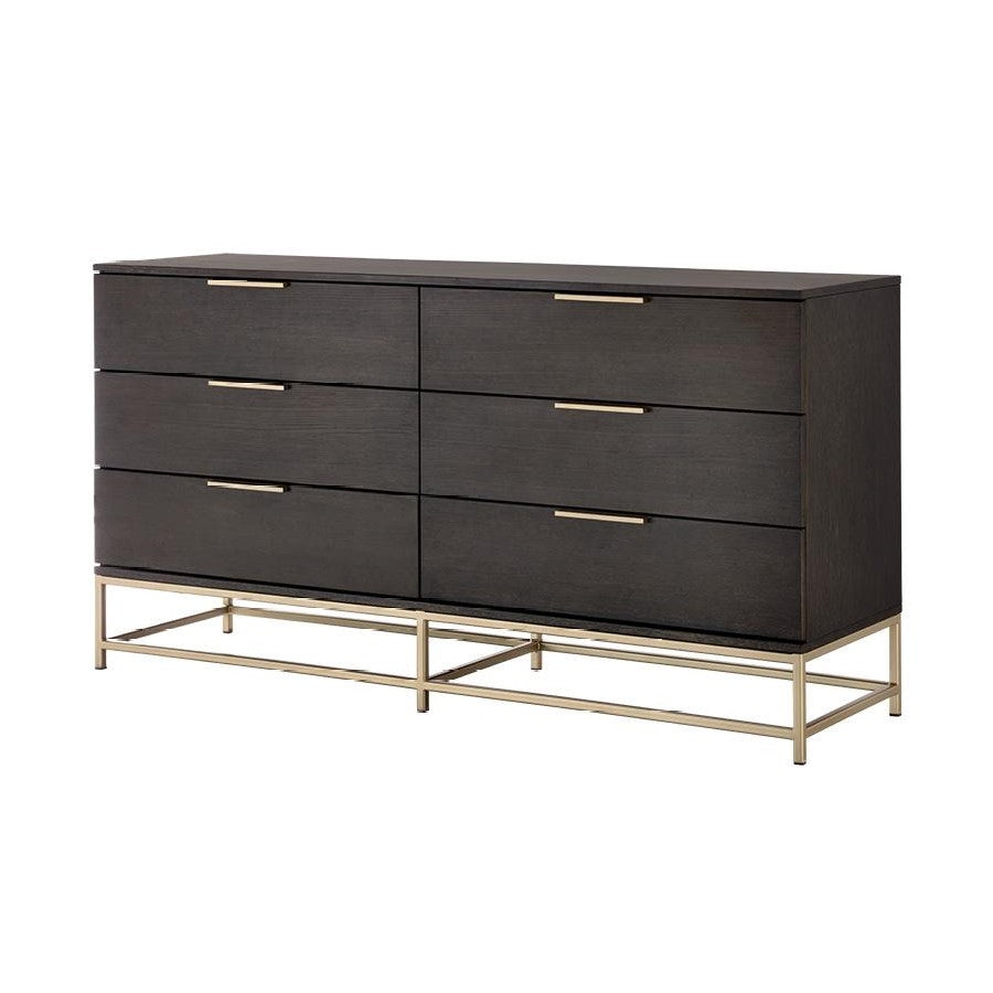 Charcoal Grey & Gold Base 6 Drawer Double Dresser 66 inch