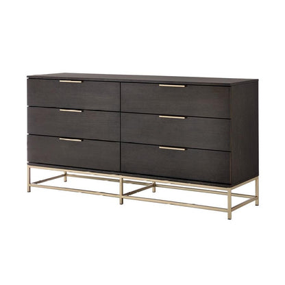 Charcoal Grey & Gold Base 6 Drawer Double Dresser 66 inch