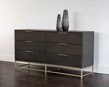 Charcoal Grey & Gold Base 6 Drawer Double Dresser 66 inch