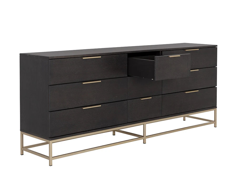 Charcoal Grey & Gold Base 9 Drawer Dresser 84 inch