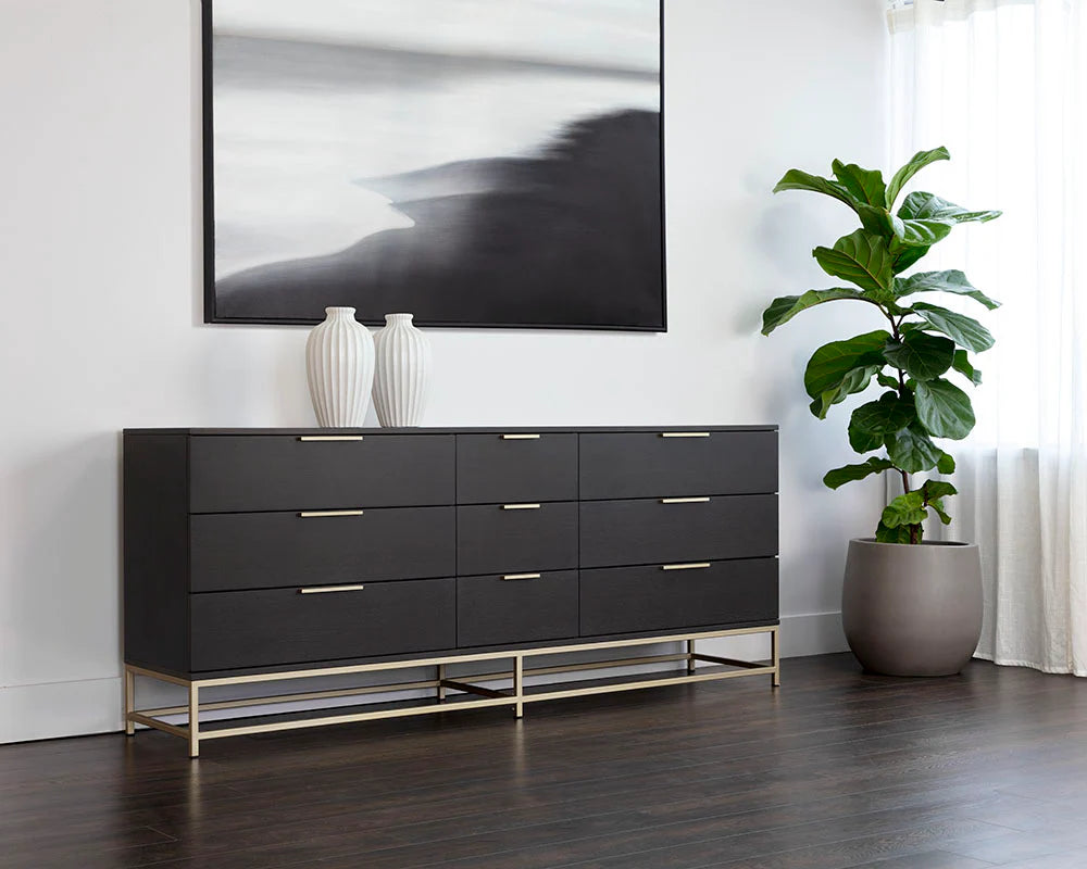 Charcoal Grey & Gold Base 9 Drawer Dresser 84 inch