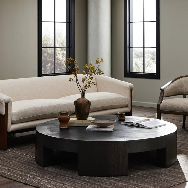 Charcoal Oak Wood Chunky Low Profile Large Round Coffee Table 60 inch