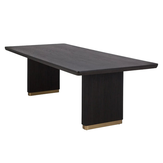 Charcoal Reeded Double Pedestal Brushed Gold Base Rectangle Wood Dining Table 96 inch