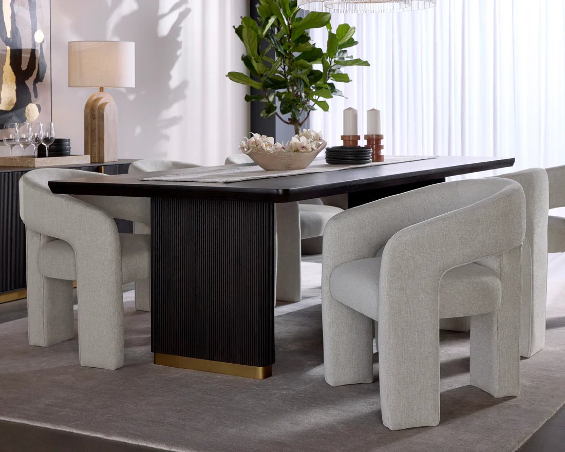 Charcoal Reeded Double Pedestal Brushed Gold Base Rectangle Wood Dining Table 96 inch