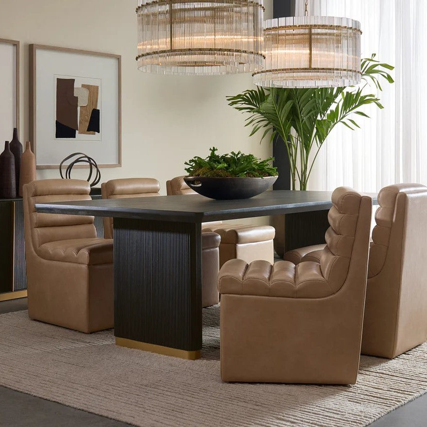 Charcoal Reeded Double Pedestal Brushed Gold Base Rectangle Wood Dining Table 96 inch