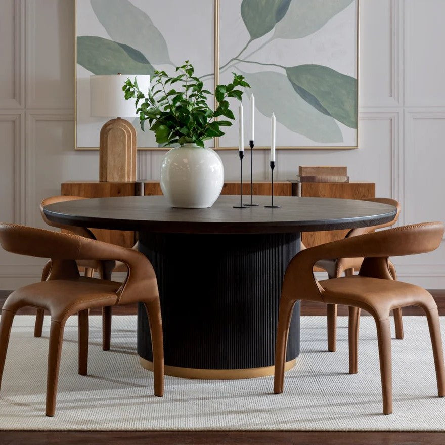 Charcoal Reeded Pedestal Brushed Gold Base Round Wood Dining Table 68 inch