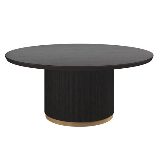 Charcoal Reeded Pedestal Brushed Gold Base Round Wood Dining Table 68 inch