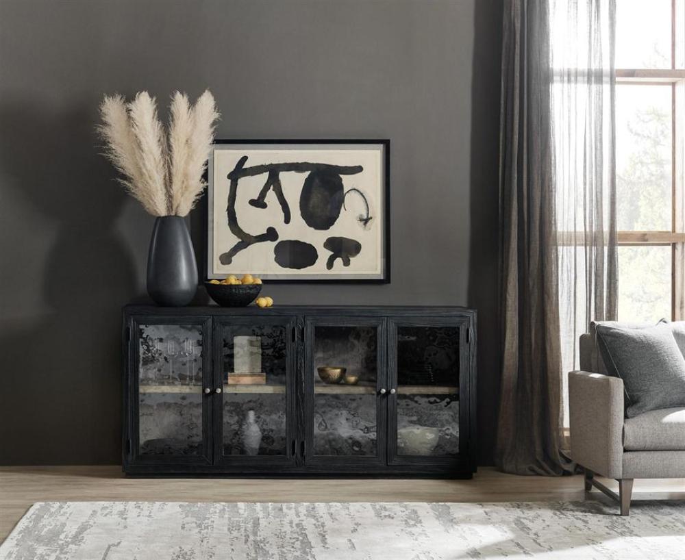 Charred Black Glass Front Buffet Sideboard Cabinet 74 inch