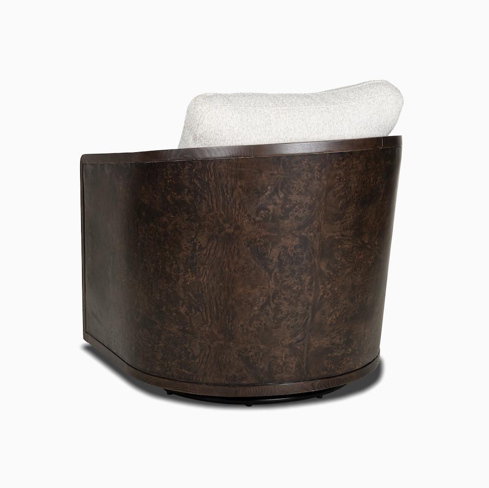 Chocolate Brown Burl Wood & Neutral Performance Fabric Swivel Chair