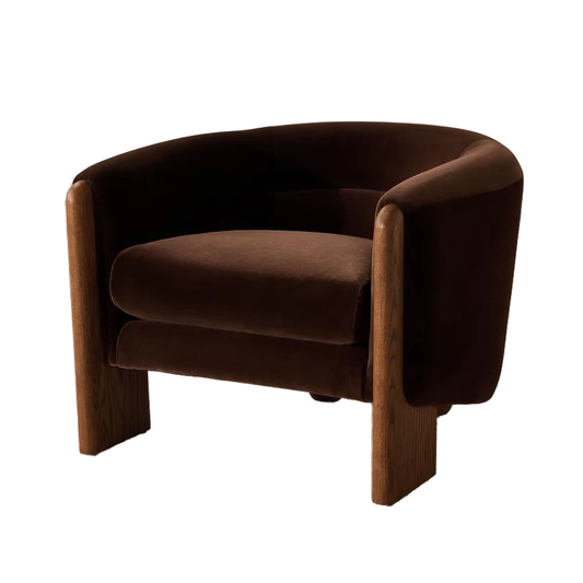 Chocolate Brown Velvet Barrel Back Lounge Chair Oak Wood Tub Armchair