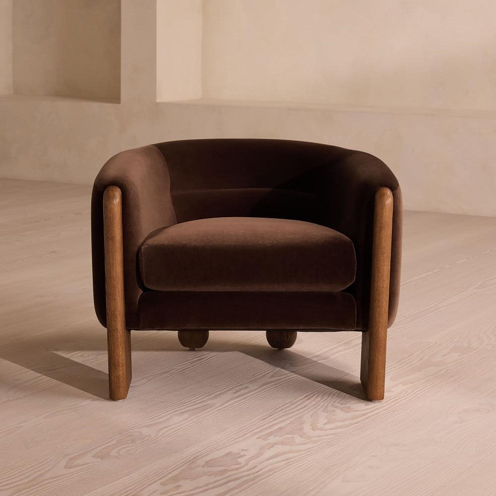 Chocolate Brown Velvet Barrel Back Lounge Chair Oak Wood Tub Armchair