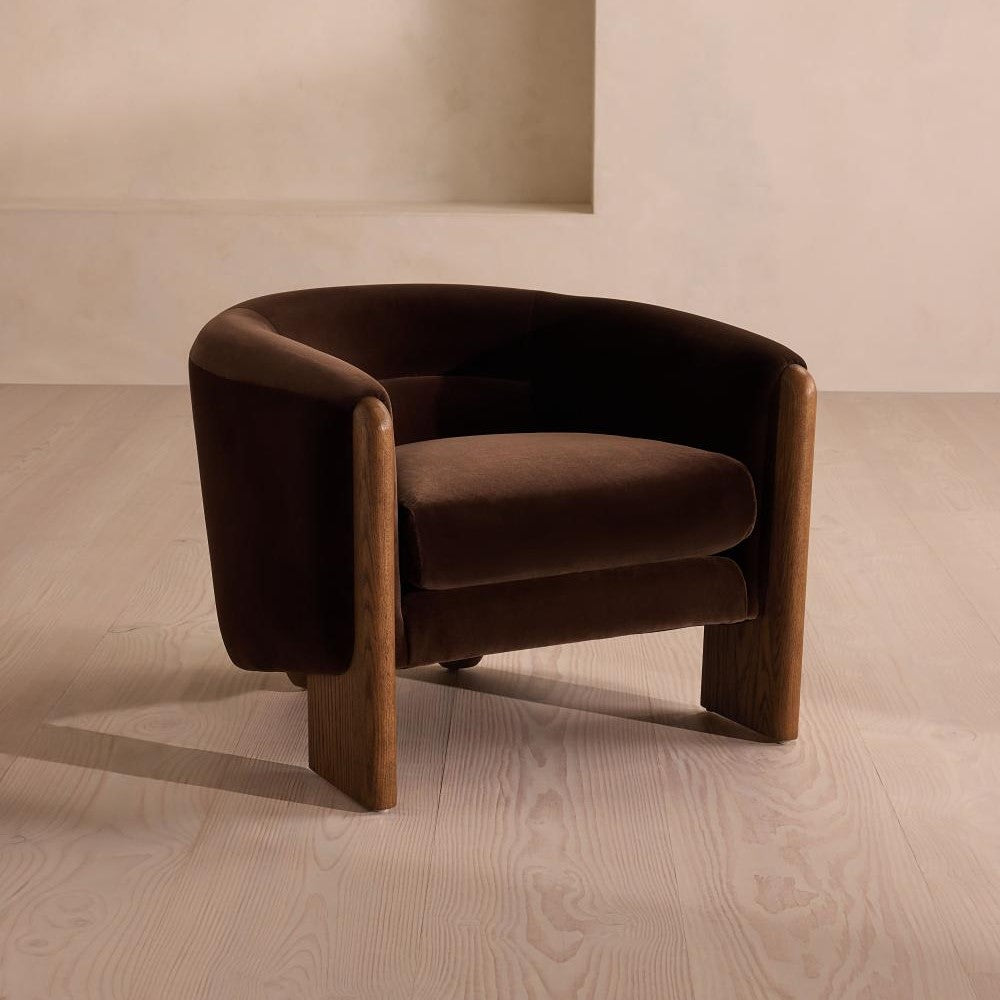 Chocolate Brown Velvet Barrel Back Lounge Chair Oak Wood Tub Armchair
