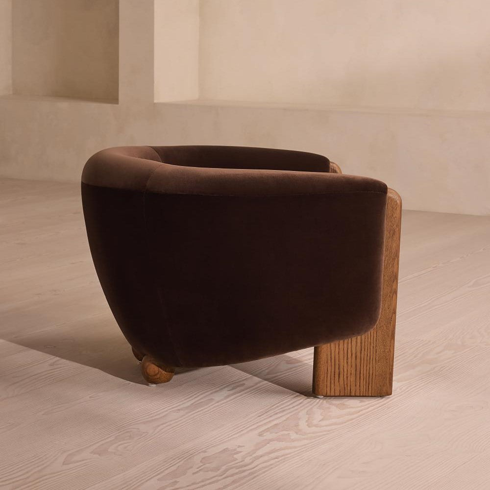 Chocolate Brown Velvet Barrel Back Lounge Chair Oak Wood Tub Armchair