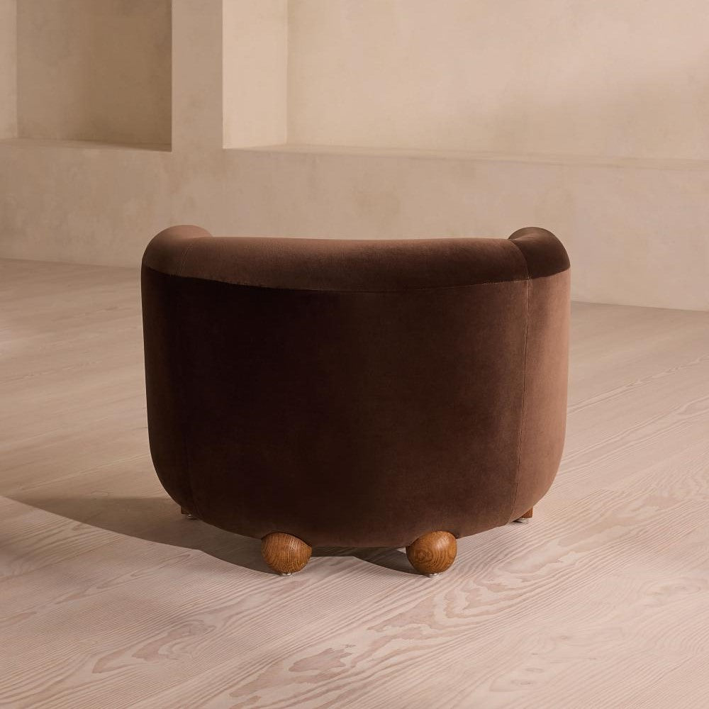Chocolate Brown Velvet Barrel Back Lounge Chair Oak Wood Tub Armchair