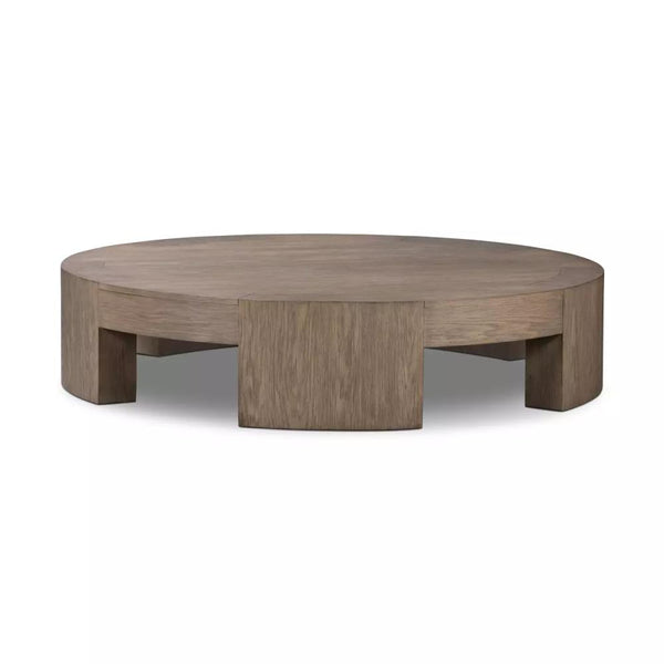 Chunky Low Profile Round Coffee Table Oak Wood Veneer 60 inch