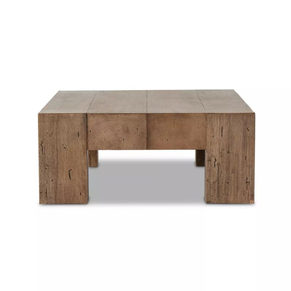 Chunky Modern Rustic Rectangle Coffee Table Oak Wood Rustic Wormwood Finish 70 inch