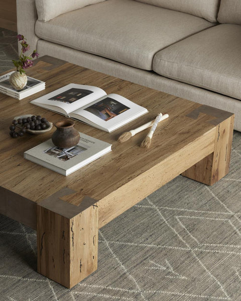 Chunky Modern Rustic Square Coffee Table Oak Wood with Rustic Wormwood Finish 55 inch