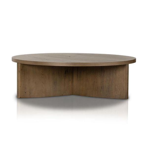 Chunky Pedestal Base Round Coffee Table Oak Wood Rustic Grey Finish 50 inch