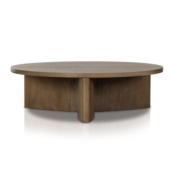 Chunky Pedestal Base Round Coffee Table Oak Wood Rustic Grey Finish 50 inch