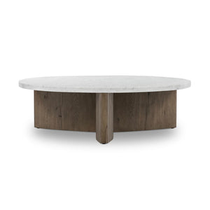 Chunky Pedestal Base Round Coffee Table Oak Wood Rustic Grey Finish & White Marble Top 50 inch