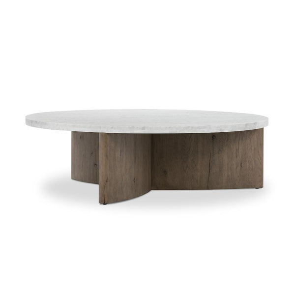 Chunky Pedestal Base Round Coffee Table Oak Wood Rustic Grey Finish & White Marble Top 50 inch