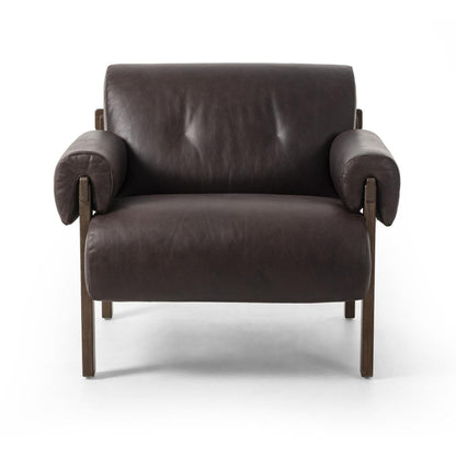 Cigar Brown Leather & Brown Solid Ash Wood Frame Lounge Chair Armchair