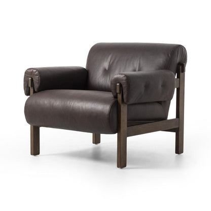 Cigar Brown Leather & Brown Solid Ash Wood Frame Lounge Chair Armchair