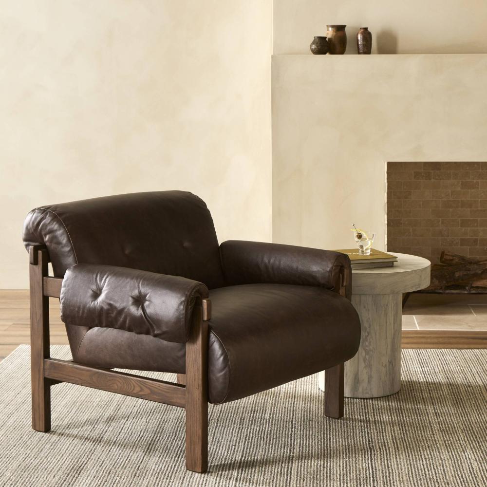 Cigar Brown Leather & Brown Solid Ash Wood Frame Lounge Chair Armchair