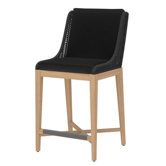 Coastal Beach Black Woven Back & Teak Wood Indoor Outdoor Bar Stool