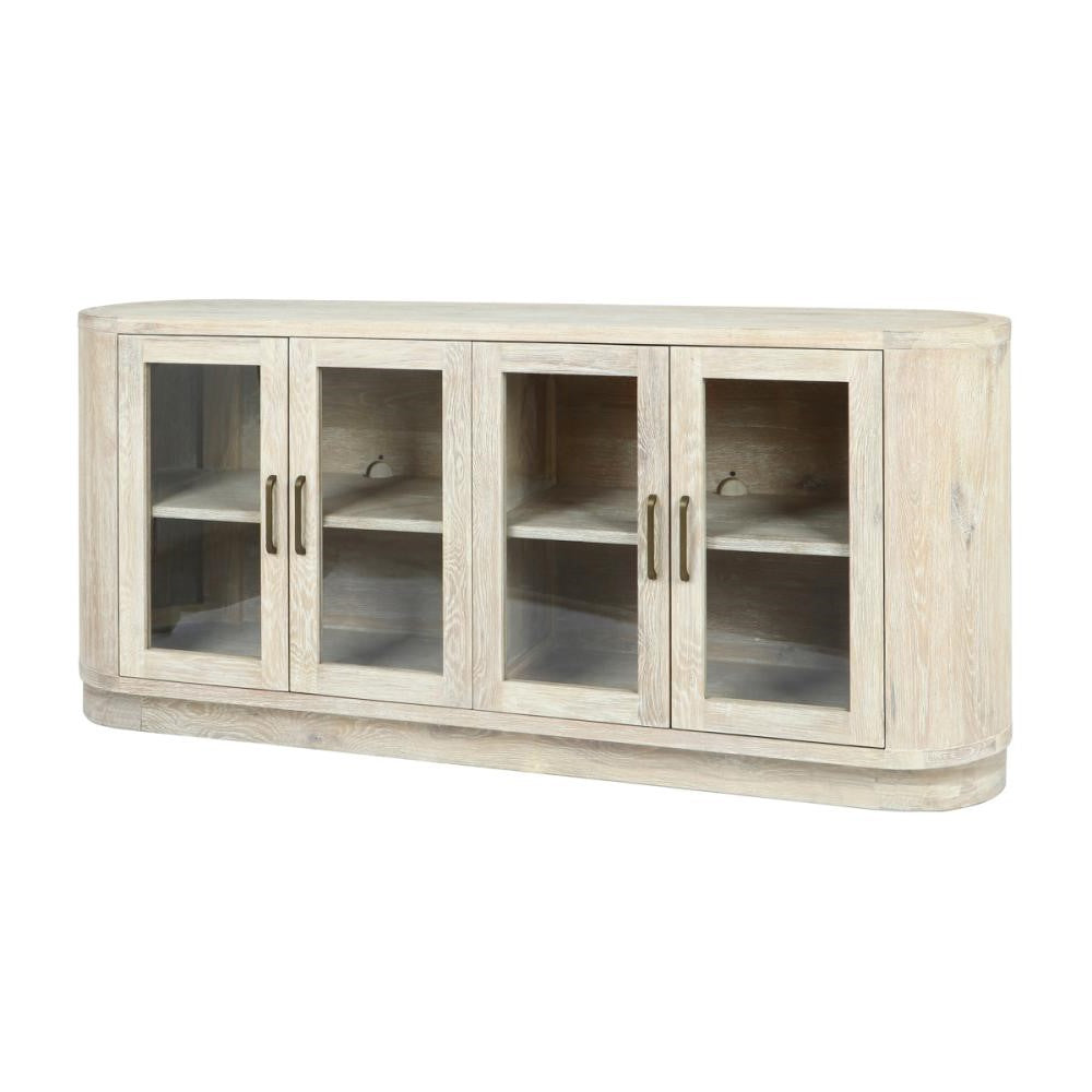 Coastal Beach Curved Sideboard Buffet Glass Door Cabinet Cream Washed 78 inch