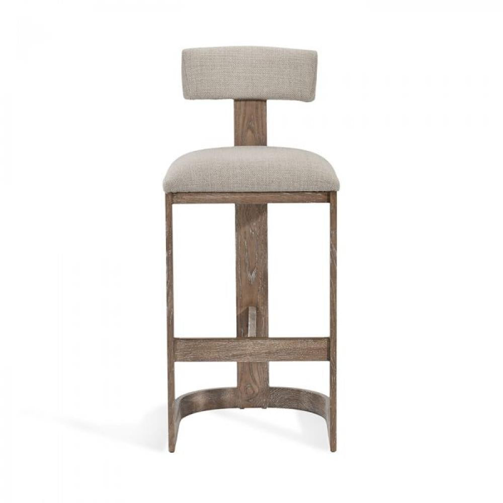 Coastal Beach Neutral Flax Fabric & Brown Wood Bar Stool