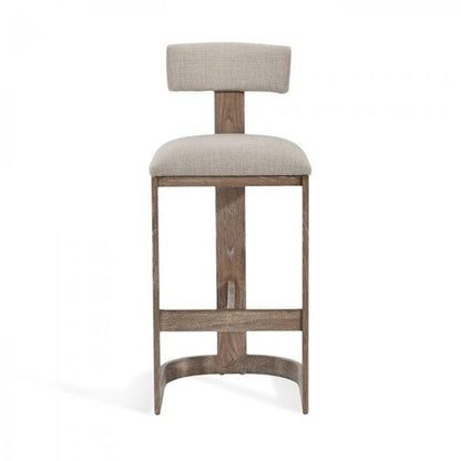 Coastal Beach Neutral Flax Fabric & Brown Wood Bar Stool