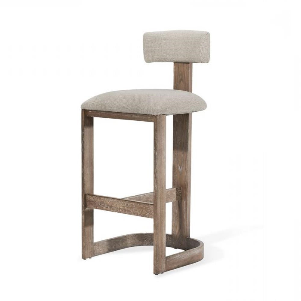 Coastal Beach Neutral Flax Fabric & Brown Wood Bar Stool