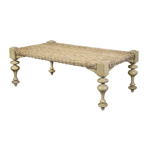 Coastal Beach Spool Leg Woven Top Rectangle Coffee Table Mahogany Wood 54 Inch