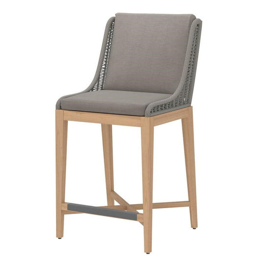 Coastal Beach Taupe Woven Back & Teak Wood Indoor Outdoor Bar Stool