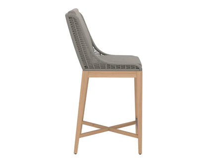 Coastal Beach Taupe Woven Back & Teak Wood Indoor Outdoor Bar Stool