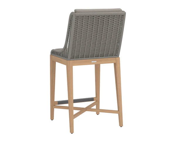 Coastal Beach Taupe Woven Back & Teak Wood Indoor Outdoor Bar Stool