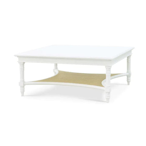 Coastal Beach White Square Coffee Table with Cane Accent Shelf 42 inch