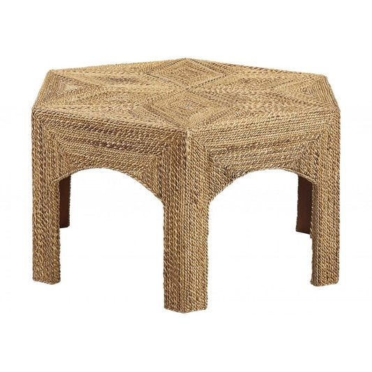 Coastal Boho Beach Woven Natural Banana Fronds Hexagon Coffee Table 40 inch