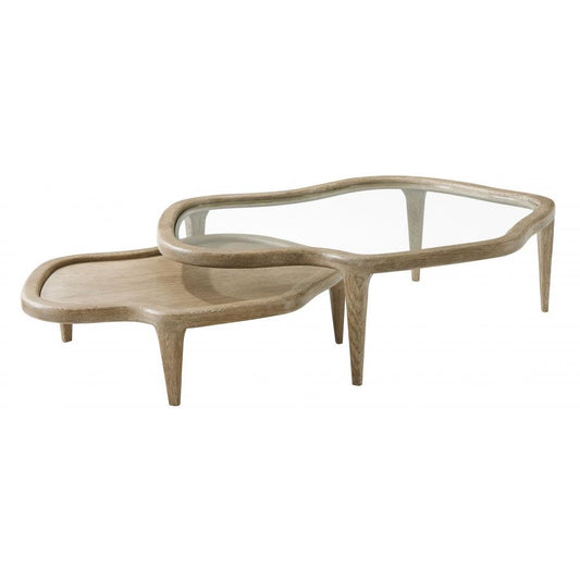 Coastal Freeform Oak Wood & Glass Nesting Coffee Table (Set of 2)