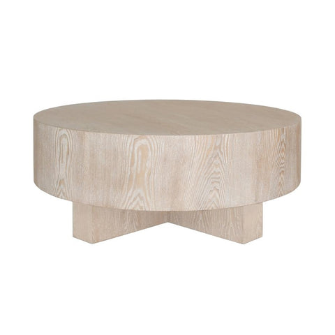 Coastal Round Drum Coffee Table Light Cerused Oak Wood 42 inch