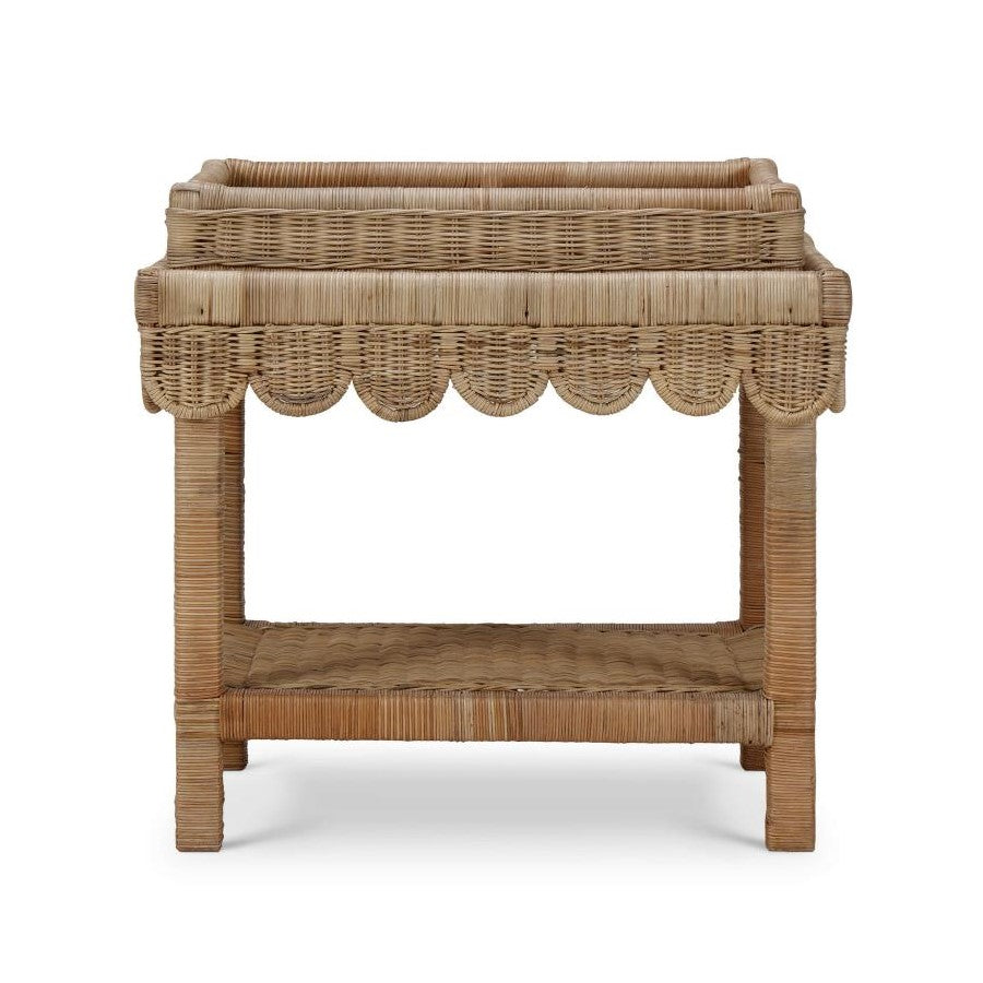 Coastal Scalloped Natural Rattan Tray Top Rectangle Side Table 27 inch ...