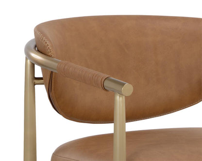 Cognac Brown Faux Leather & Gold Metal Bar Stool