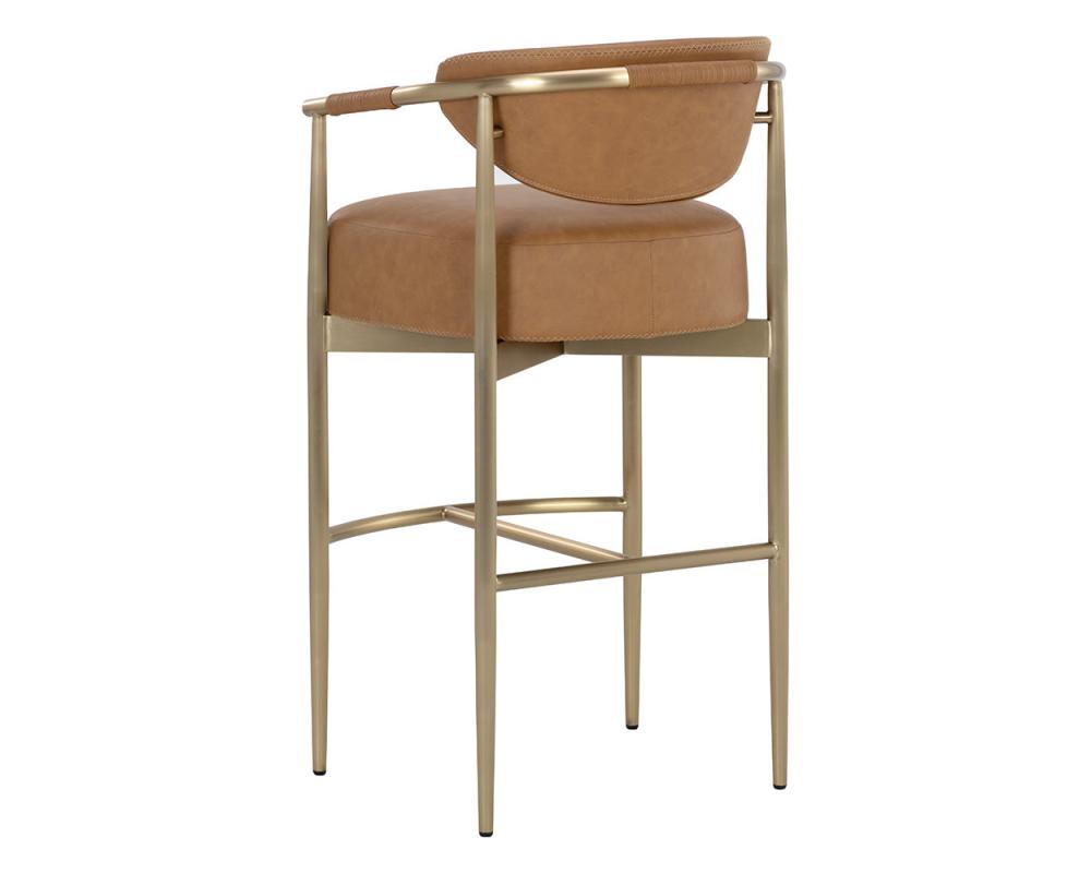 Cognac Brown Faux Leather & Gold Metal Bar Stool