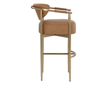 Cognac Brown Faux Leather & Gold Metal Bar Stool