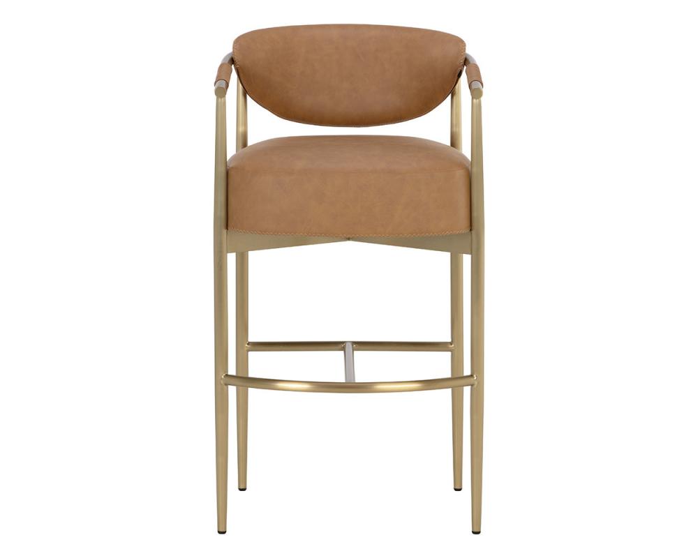 Cognac Brown Faux Leather & Gold Metal Bar Stool