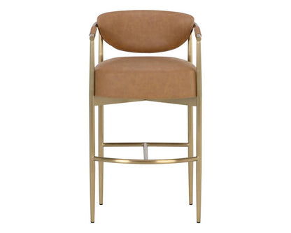 Cognac Brown Faux Leather & Gold Metal Bar Stool