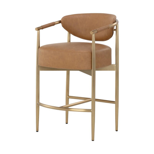Cognac Brown Faux Leather & Gold Metal Counter Stool